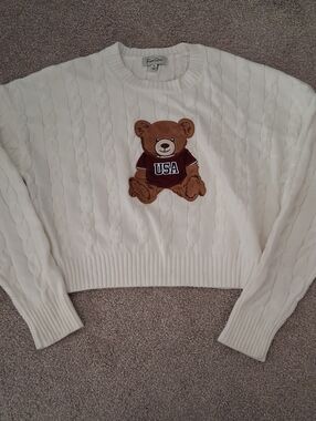 Faded Rose White Cropped Cable-Knit Teddy Bear Sweater  USA Patch (S)